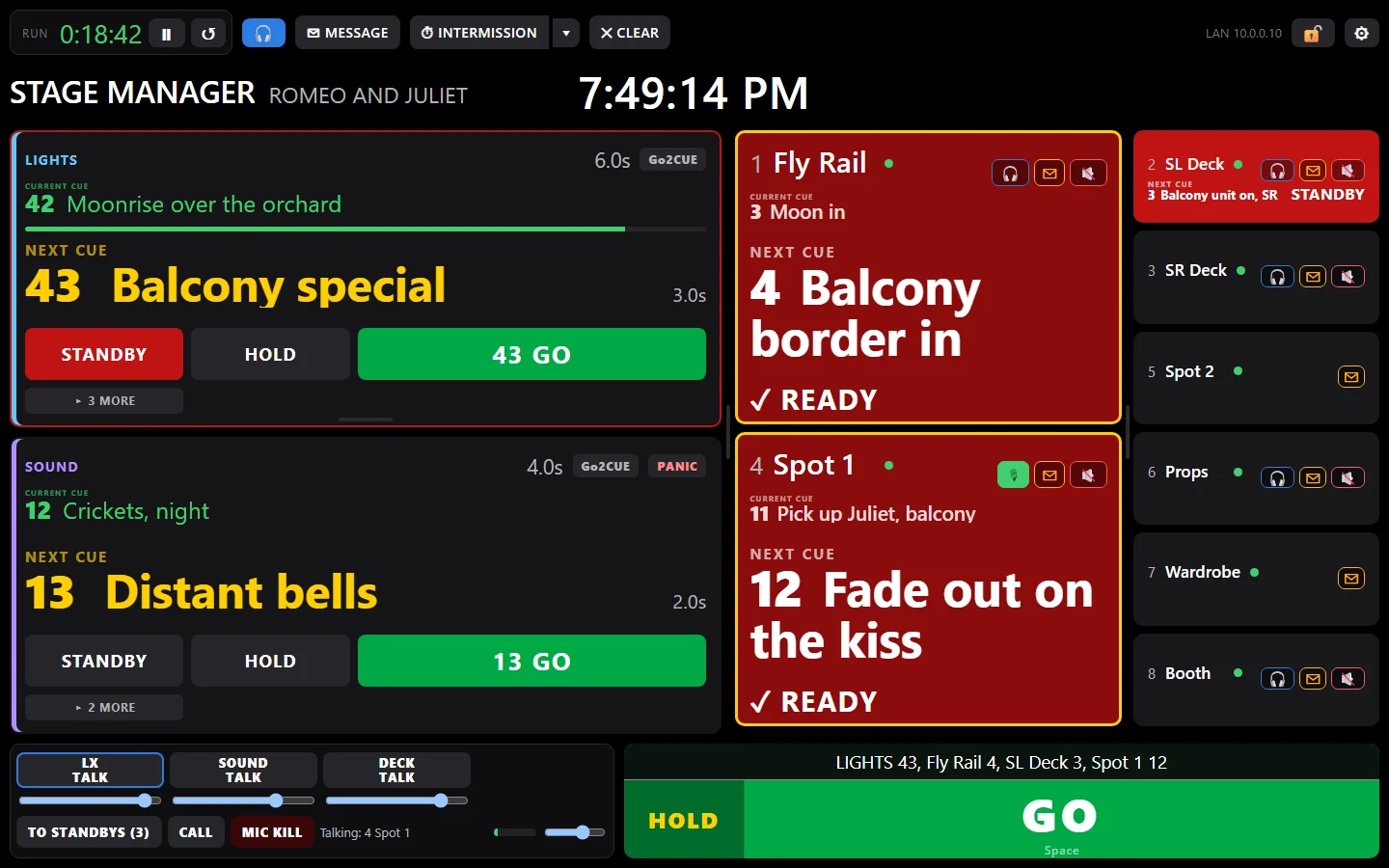 The Go2Cue stage manager screen laid out by hand: two big station tiles, Fly Rail and Spot 1, in the left column of stations with large words, and six small tiles in a narrow column on the right