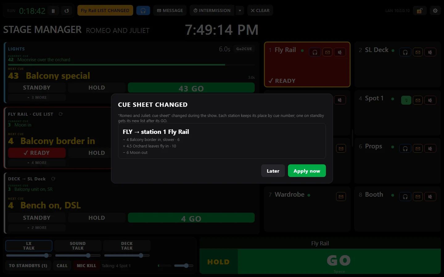 Go2Cue's stage manager screen mid-show with the Cue sheet changed window: FLY to station 1 Fly Rail, cue 4 changed, 4.5 added, 6 removed, with Later and Apply now