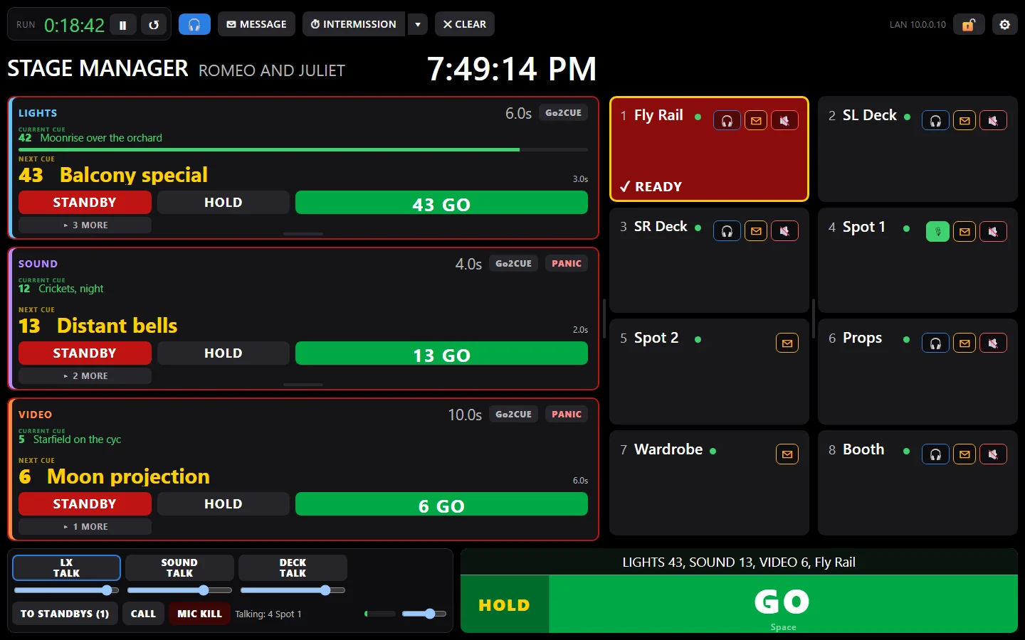 The Go2Cue stage manager screen with LIGHTS, SOUND and VIDEO on standby: one GO runs LIGHTS 43, SOUND 13 and VIDEO 6