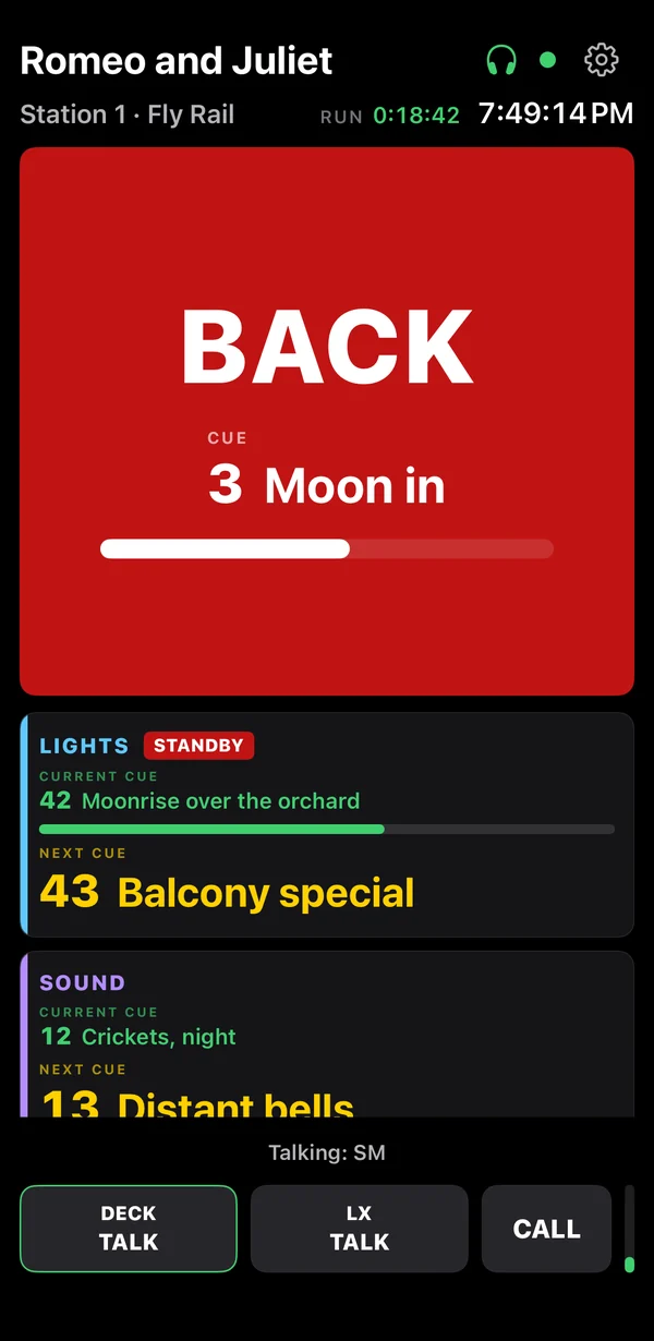 An iPhone crew station after the stage manager's HOLD, then BACK: the screen red, BACK and the cue it goes back to, with a bar counting down 3 seconds